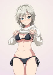 Rule 34 | 10s, 1girl, anastasia (idolmaster), bikini, black bikini, black bra, black panties, blue eyes, blush, bra, breasts, cleavage, clothes lift, gradient background, idolmaster, idolmaster cinderella girls, inoshira, lifting own clothes, looking at viewer, navel, panties, short hair, side-tie bikini bottom, silver hair, skindentation, smile, solo, stomach, sweater, sweater lift, swimsuit, thigh gap, underwear