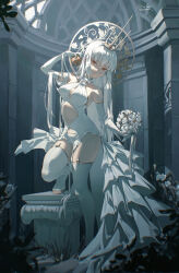 Rule 34 | 1girl, absurdres, artist name, bare shoulders, boots, breasts, bride, crown, dress, flower, food, gloves, hair ornament, highres, holding, holding flower, holding food, indoors, large breasts, long hair, looking at viewer, navel, open mouth, original, red eyes, signature, solo, souly, thigh boots, thighhighs, white dress, white hair