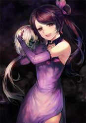 Rule 34 | 1girl, bare shoulders, cocktail dress, dress, elbow gloves, gijang, gloves, hair ornament, hiver laurant, jewelry, long dress, long hair, looking at viewer, michele malebranche, ponytail, purple dress, red dress, red eyes, roman (sound horizon), skull, smile, sound horizon, weapon