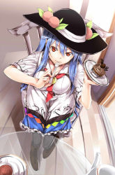 Rule 34 | 1girl, black pantyhose, blouse, blue hair, breasts, cake, chair, chocolate, cup, cupcake, eating, food, fork, from above, fruit, full body, hat, hinanawi tenshi, holding, large breasts, long hair, looking at viewer, mont blanc (food), neropaso, pantyhose, peach, perspective, plate, prism, red eyes, shirt, silverware, sitting, solo, table, teacup, touhou