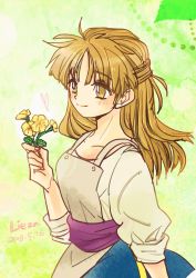 Rule 34 | 1girl, arc the lad, arc the lad ii, blonde hair, blush, breasts, brown eyes, commentary request, dress, flower, lieza (arc the lad), long hair, smile, solo, yadoso