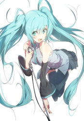 Rule 34 | 1girl, aqua eyes, aqua hair, bare shoulders, black footwear, boots, detached sleeves, domo1220, hatsune miku, holding microphone, long hair, looking at viewer, microphone, microphone stand, necktie, open mouth, pleated skirt, simple background, skirt, solo, thigh boots, thighhighs, twintails, very long hair, vocaloid, white background