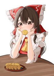 Rule 34 | 1girl, absurdres, ascot, bow, brown eyes, brown hair, chabudai (table), detached sleeves, food, food in mouth, hair bow, hakurei reimu, hands on own chin, head rest, highres, long hair, red bow, red shirt, senbei, shirt, sleeveless, sleeveless shirt, solo, table, temmie (temi maru), touhou, tray, white background, yellow ascot
