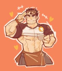 Rule 34 | 1boy, apron, bara, barista, beard stubble, black hair, clothes lift, coffee cup, cropped legs, cup, currycat24, disposable cup, employee uniform, facial hair, grin, highres, huge eyebrows, laughing, loving aura, lucas lee, male focus, muscular, muscular male, orange background, pectorals, salute, scott pilgrim (series), scott pilgrim takes off, shirt, shirt lift, short hair, short sleeves, smile, solo, sparse arm hair, stubble, sunglasses, t-shirt, tight clothes, tight shirt, two-finger salute, underpec, uniform, waist apron