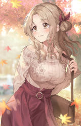 Rule 34 | 1girl, autumn, autumn leaves, bag, bare shoulders, blush, bow, breasts, brown eyes, brown hair, brown sweater, closed mouth, collarbone, cowboy shot, day, floral print, hair bun, hair ornament, hair scrunchie, handbag, high-waist skirt, highres, ichikawa hinana, idolmaster, idolmaster shiny colors, large breasts, leaf, long hair, maple leaf, outdoors, parted bangs, red bow, red scrunchie, red skirt, ribbed sweater, scrunchie, shio kouji (shiokojii), side bun, sidelocks, single hair bun, single side bun, skirt, smile, solo, sweater, tree