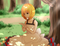 Rule 34 | 1girl, blonde hair, braid, collarbone, dappled sunlight, day, dress, flower, forest, grass, green eyes, holding, letter, m-mo, majo no ie, nature, outdoors, short braid, short hair, sidelocks, smile, solo, sunlight, tree, tree shade, twin braids, twintails, under tree, viola (majo no ie)