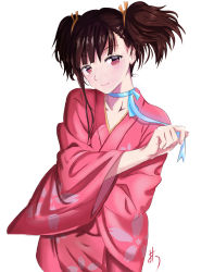 Rule 34 | 1girl, absurdres, blue ribbon, brown hair, choker, collarbone, derivative work, floral print, hair ribbon, haohe buguo, highres, japanese clothes, kimono, koutetsujou no kabaneri, long sleeves, looking at viewer, mumei (kabaneri), pink kimono, print kimono, red eyes, ribbon, ribbon choker, short hair, simple background, solo, standing, twintails, white background, wide sleeves, yellow ribbon