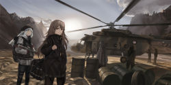 Rule 34 | 2girls, 4others, absurdres, aircraft, assault rifle, beret, black coat, blue sky, brown eyes, brown hair, cloud, coat, commentary request, drum (container), girls&#039; frontline, green eyes, gun, h&amp;k hk416, hat, helicopter, highres, hk416 (fang) (girls&#039; frontline), hk416 (girls&#039; frontline), holding, holding gun, holding weapon, long hair, looking at viewer, multiple girls, multiple others, onebon, outdoors, rifle, scenery, sky, standing, tire, ump45 (girls&#039; frontline), ump45 (winter journey) (girls&#039; frontline), weapon, white hair