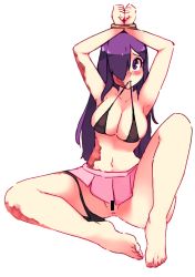 Rule 34 | 1girl, anus, armpits, arms up, bar censor, barefoot, bdsm, bikini in mouth, black bra, black panties, blush, bound, bound wrists, bra, breasts, burn scar, censored, cleavage, clothes in mouth, commentary, feet, full body, hair over one eye, ikezawa hanako, katawa shoujo, large breasts, long hair, looking at viewer, mouth hold, no shirt, panties, pink skirt, purple eyes, purple hair, rtil, scar, simple background, sitting, skirt, solo, spread legs, underwear, white background