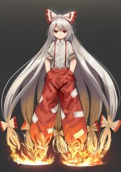 Rule 34 | 1girl, dark background, fire, fujiwara no mokou, full body, grey hair, hair ribbon, hands in pockets, highres, long hair, looking at viewer, ponytail, red eyes, ribbon, smile, solo, suna (s73d), suspenders, torn clothes, torn sleeves, touhou, very long hair, white hair