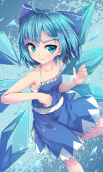 Rule 34 | 1girl, adapted costume, blue background, blue bow, blue dress, blue eyes, blue hair, blue theme, bow, cirno, collarbone, dress, feet out of frame, hair bow, halterneck, highres, ice, ice wings, sleeveless, sleeveless dress, smirk, solo, touhou, uumaru, wings