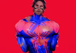 Rule 34 | 1boy, absurdres, arms behind back, bara, black hair, blue bodysuit, bodysuit, bound, bound arms, bound wrists, highres, large pectorals, male focus, marvel, miguel o&#039;hara, muscular, muscular male, muzzle, nipples, noasauruss, pectorals, red background, red bodysuit, short hair, simple background, solo, spider-man: across the spider-verse, spider-man: into the spider-verse, spider-man (2099), spider-man (series), spider-verse, torn bodysuit, torn clothes, two-tone bodysuit, upper body