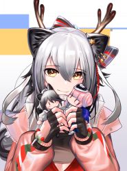 Rule 34 | 1girl, absurdres, animal ears, antlers, arknights, black gloves, bow, cat ears, ceylon (arknights), character doll, commentary request, doll, fake antlers, fingerless gloves, gloves, hair between eyes, hair bow, highres, holding, holding doll, horns, jacket, long hair, long sleeves, looking at viewer, official alternate costume, pink jacket, schwarz (arknights), schwarz (presents) (arknights), sgholln, silver hair, smile, solo, upper body, yellow eyes