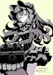 Rule 34 | 10s, 1girl, 2016, abyssal ship, alternate breast size, artist name, black hair, bonnet, breasts, cleavage, colored skin, commentary request, dated, detached sleeves, dress, elbow gloves, gloves, gothic lolita, horns, isolated island oni, kantai collection, lolita fashion, long hair, looking at viewer, pantyhose, pureji oshou, purple eyes, ribbed dress, short eyebrows, smile, smirk, solo, twitter username, wavy hair, white skin