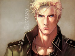 Rule 34 | 1boy, alternate hairstyle, axis powers hetalia, blonde hair, blue eyes, character name, close-up, english text, germany (hetalia), jacket, jewelry, lips, male focus, military, military uniform, necklace, open clothes, open jacket, portrait, realistic, serious, sideburns, solo, uniform, virus-ac74, world war ii