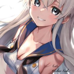 Rule 34 | 1girl, absurdres, alternate breast size, armpit crease, bare shoulders, blonde hair, blue sailor collar, breasts, buttons, cleavage, collarbone, cropped vest, crossed bangs, eckert&amp;eich, eyes visible through hair, grey eyes, hair between eyes, highres, kantai collection, light blush, long hair, looking at viewer, medium breasts, neckerchief, open mouth, sailor collar, shimakaze (kancolle), sidelocks, signature, simple background, sleeveless, smile, solo, sparkling eyes, teeth, twitter username, undone neckerchief, upper body, vest, white background