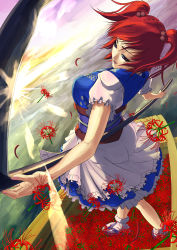 Rule 34 | 1girl, bad id, bad pixiv id, boat, breasts, dutch angle, female focus, flower, hair bobbles, hair ornament, large breasts, lens flare, manabu adachi, onozuka komachi, red eyes, red hair, scythe, short hair, solo, spider lily, sunrise, touhou, twintails, two side up, water, watercraft
