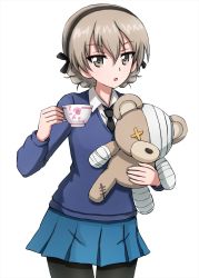 Rule 34 | 1girl, :o, alternate hairstyle, bandages, black necktie, black pantyhose, black ribbon, blue skirt, blue sweater, boko (girls und panzer), braid, brown eyes, commentary, cosplay, cowboy shot, cup, darjeeling, darjeeling (cosplay), darjeeling (girls und panzer), dress shirt, girls und panzer, hair ribbon, hair up, highres, holding, holding cup, holding stuffed toy, light brown hair, long sleeves, looking at viewer, miniskirt, necktie, omachi (slabco), open mouth, pantyhose, pleated skirt, ribbon, school uniform, shimada arisu, shirt, short hair, simple background, skirt, solo, st. gloriana&#039;s school uniform, standing, stuffed animal, stuffed toy, sweater, teacup, teddy bear, twin braids, v-neck, white background, white shirt, wing collar