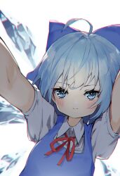 Rule 34 | 1girl, ahoge, blue bow, blue dress, blue eyes, blue hair, blush, bow, cirno, closed mouth, collared shirt, detached wings, dress, fairy, hair bow, highres, ice, ice wings, looking at viewer, pinafore dress, pocche-ex, shirt, short hair, short sleeves, simple background, sleeveless, sleeveless dress, smile, solo, touhou, upper body, white background, white shirt, wings