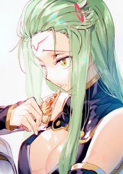 Rule 34 | 1girl, bare shoulders, breasts, c.c., cleavage cutout, clothing cutout, code geass, commentary request, creayus, detached sleeves, dress, eating, facial mark, fingernails, food, forehead mark, from side, green hair, hair ornament, hairclip, hand up, holding, long hair, long sleeves, pizza, purple dress, small breasts, solo, upper body, yellow eyes