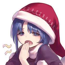 Rule 34 | 1girl, ainy, asymmetrical hair, bad id, bad pixiv id, bags under eyes, blue eyes, blue hair, doremy sweet, hand to own mouth, hat, matching hair/eyes, nightcap, pom pom (clothes), red hat, simple background, sketch, sleepy, solo, touhou, white background, yawning