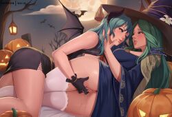 Rule 34 | 2girls, anus, black gloves, breasts, byleth (female) (fire emblem), byleth (fire emblem), demon costume, demon girl, dress, exlic, eye contact, feet out of frame, fingering, fire emblem, fire emblem: three houses, fire emblem heroes, full moon, gloves, green hair, halloween costume, hat, jack-o&#039;-lantern, lantern, large breasts, looking at another, lying, microdress, miniskirt, moon, multiple girls, night, nintendo, official alternate costume, on side, outdoors, pencil skirt, pussy, rhea (fire emblem), rhea (halloween) (fire emblem), side slit, skirt, thighhighs, tree, uncensored, white thighhighs, witch, witch hat, yuri
