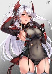 Rule 34 | 1girl, :p, adapted costume, antenna hair, arm up, armpits, azur lane, black gloves, black leotard, blush, breasts, buttons, cameltoe, covered navel, cross, double-breasted, garter straps, gloves, gradient background, grey background, hand in own hair, headgear, highres, iron cross, leotard, light particles, long hair, long sleeves, looking at viewer, maki (maki pei), medium breasts, mole, mole on breast, multicolored hair, nose blush, orange eyes, prinz eugen (azur lane), red hair, saliva, saliva trail, sideboob, signature, silver hair, smile, solo, streaked hair, swept bangs, thighs, tongue, tongue out, two side up, underbust, very long hair