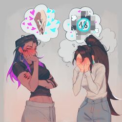 Rule 34 | 2girls, another ship dynamic i enjoy (meme), black hair, blush, commentary, dark-skinned female, dark skin, earrings, hashtag-only commentary, heart, high ponytail, highres, hoop earrings, interlocked fingers, jewelry, long hair, meme, multicolored hair, multiple girls, purple hair, reyna (valorant), sage (valorant), sussy (sushushh), valorant, very long hair, yuri