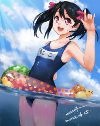 Rule 34 | 10s, 1girl, :d, \m/, black hair, blue one-piece swimsuit, bow, cloud, cloudy sky, cowboy shot, dated, day, hair bow, innertube, light rays, long hair, love live!, love live! school idol project, one-piece swimsuit, open mouth, red eyes, rubber duck, school swimsuit, shuizhanglang, signature, sky, smile, solo, sunbeam, sunlight, swim ring, swimsuit, twintails, wading, water, wet, yazawa nico