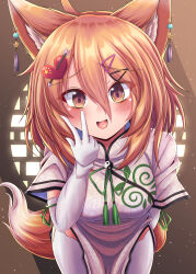 Rule 34 | 1girl, :d, adapted costume, ahoge, animal ear fluff, animal ear piercing, animal ears, arrow through heart, blush, breasts, brown eyes, commentary, cowboy shot, double-parted bangs, dress, earrings, elbow gloves, foreshortening, fox ears, fox girl, fox tail, furrowed brow, gloves, green tassel, hair between eyes, hair ornament, hairclip, happy, heart, heart hair ornament, highres, hip vent, indoors, jewelry, kudamaki tsukasa, leaning forward, light particles, looking at viewer, medium breasts, medium hair, open mouth, orange hair, short sleeves, side ponytail, siw0n, smile, solo, straight-on, tail, tassel, tassel earrings, thighhighs, touhou, tsurime, v, white dress, white gloves, white thighhighs