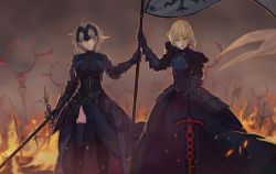 Rule 34 | 2girls, absurdres, ahoge, armor, armored dress, artoria pendragon (all), artoria pendragon (fate), axe, black armor, black legwear, blonde hair, braid, breastplate, dress, embers, fate/grand order, fate/stay night, fate (series), fire, flag, gauntlets, highres, holding, holding flag, holding sword, holding weapon, jeanne d&#039;arc (fate), jeanne d&#039;arc alter (avenger) (fate), jeanne d&#039;arc alter (fate), multiple girls, ne.corn, outdoors, parted lips, pauldrons, planted, planted axe, planted sword, planted weapon, saber alter, scabbard, sheath, short hair, shoulder armor, smile, smoke, sword, teeth, unsheathed, upper teeth only, vambraces, weapon, yellow eyes