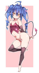 Rule 34 | 1girl, absurdres, ahoge, blue hair, breasts, demon girl, demon tail, highres, kz oji, mole, mole under eye, small breasts, solo, demon girl, tail, thick thighs, thighhighs, thighs, thong