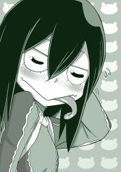 Rule 34 | 10s, 1girl, :&gt;, absurdres, artist request, asui tsuyu, black hair, blush, boku no hero academia, eyelashes, closed eyes, female focus, frog girl, gloves, hair between eyes, highres, long hair, long tongue, monochrome, monster girl, scratching head, solo, tongue, tongue out