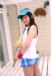 Rule 34 | ball, blouse, highres, miniskirt, photo (medium), pleated skirt, racket, seo akiko, shirt, skirt, sleeveless, solo, tennis ball, tennis racket, visor