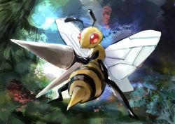 Rule 34 | absurdres, animal focus, artist name, bee, beedrill, blank eyes, bug, bush, creatures (company), day, day walker1117, english text, forest, full body, game freak, gen 1 pokemon, grass, highres, insect, insect wings, lance, nature, nintendo, no humans, outdoors, pokemon, pokemon (creature), polearm, red eyes, signature, solo, standing, tree, weapon, wings