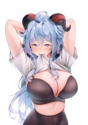 Rule 34 | 1girl, ahoge, alternate breast size, arms behind head, arms up, black bra, black pantyhose, blue hair, blush, bra, breasts, cleavage, covered navel, embarrassed, furrowed brow, ganyu (genshin impact), genshin impact, grayfox, hair between eyes, highleg, highres, horns, large breasts, long hair, looking at viewer, mouth hold, pantyhose, purple eyes, shirt, shirt hold, skindentation, solo, underwear, upper body, very long hair, white background, white shirt