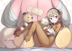 Rule 34 | 1girl, bandaged arm, bandaged head, bandages, bandaid, barefoot, black hairband, blush, boko (girls und panzer), brown eyes, brown hair, closed mouth, commentary request, crossed bandaids, full body, girls und panzer, hairband, head bump, hood, hood down, long hair, long sleeves, one side up, pajamas, puffy long sleeves, puffy sleeves, saiste, shimada arisu, smile, solo, stuffed animal, stuffed toy, teddy bear