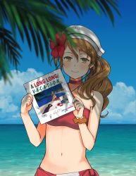 Rule 34 | 1girl, a long vacation, album cover redraw, annin musou, beach, bikini, blue sky, blurry, brown eyes, brown hair, cloud, commentary request, day, depth of field, derivative work, hat, highres, holding, horizon, italia (kancolle), kantai collection, littorio (kancolle), long hair, looking at viewer, ocean, orange scrunchie, outdoors, palm leaf, ponytail, red bikini, scrunchie, sky, solo, swimsuit, upper body, wavy hair, wrist scrunchie