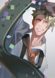 Rule 34 | 1boy, absurdres, achilles (fate), arm up, chromatic aberration, collared shirt, confetti, fate/grand order, fate (series), green hair, grin, haruakira, highres, long sleeves, looking at viewer, male focus, necktie, orange eyes, orange necktie, sash, shirt, sideburns, simple background, smile, solo, suspenders, undercut, white background, white shirt