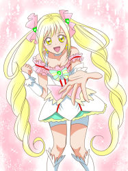 Rule 34 | 1girl, :d, bike shorts, bike shorts under skirt, blonde hair, boots, bow, choker, cowboy shot, cure echo, earrings, frills, hair ornament, hair ribbon, hanzou, heart, heart hair ornament, jewelry, knee boots, long hair, looking at viewer, magical girl, open mouth, outstretched hand, pink bow, pink ribbon, precure, precure all stars new stage: mirai no tomodachi, ribbon, sakagami ayumi, shorts, shorts under skirt, skirt, smile, solo, striped, striped bow, twintails, waist bow, white choker, white footwear, wrist cuffs, yellow eyes