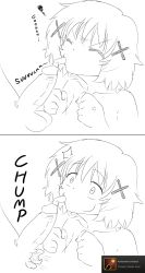 Rule 34 | 1boy, 1girl, 2koma, achievement unlocked, anger vein, clenched hands, closed eyes, comic, drawfag, drinking straw, drinking straw in mouth, english text, furrowed brow, hair ornament, hairclip, hidamari sketch, highres, jadf, lineart, monochrome, nude, o o, penis, short hair, simple background, straw, surprised, testicles, white background, white hair, x hair ornament, yuno (hidamari sketch)