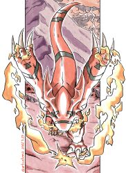 Rule 34 | artcetona, breath weapon, breathing fire, claws, colored skin, dated, digimon, digimon (creature), dinosaur, fewer digits, fire, from above, guilmon, guilmon x-antibody, head wings, highres, limited palette, mountain, red skin, running, tail, thunder, twitter username, wings, yellow eyes