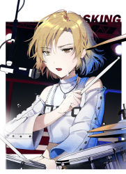 Rule 34 | 1girl, bang dream!, blonde hair, character name, chest belt, detached sleeves, drum, drum set, drumsticks, highres, instrument, jewelry, kongya, long sleeves, microphone, music, open mouth, pendant, playing instrument, raise a suilen, sato masuki, scaffolding, short hair, solo, stage lights, studio microphone, sweat, yellow eyes