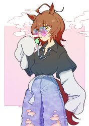 Rule 34 | 1girl, agnes tachyon (umamusume), ahoge, alternate costume, animal ears, belt, brown hair, cb839, collared shirt, denim, electronic cigarette, hair between eyes, highres, holding, horse ears, horse girl, horse tail, jeans, layered sleeves, long sleeves, pants, round eyewear, shirt, sleeves past fingers, sleeves past wrists, smoke, solo, sunglasses, tail, torn clothes, torn pants, two-tone background, umamusume, wide sleeves, yellow eyes