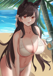 Rule 34 | 1girl, absurdres, atago (azur lane), atago (summer march) (azur lane), azur lane, beach, bikini, breasts, brown hair, can, day, drink can, extra ears, highres, holding, holding can, large breasts, leaning forward, long hair, manjuu (azur lane), mole, mole under eye, official alternate costume, orange eyes, outdoors, palm tree, remapack77, ribbon, sand, soda can, solo, summer, swimsuit, tree, very long hair, water, white bikini, white ribbon