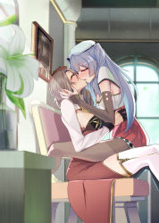 Rule 34 | 2girls, ajax (azur lane), azur lane, capelet, chair, closed eyes, commentary request, commission, cowboy shot, exeter (azur lane), flower, from side, hair over shoulder, half-closed eyes, high-waist skirt, highres, indoors, kiss, lily (flower), long hair, looking at another, monobe yuri, multiple girls, pantyhose, red skirt, sitting, sitting on lap, sitting on person, skeb commission, skirt, spread legs, striped clothes, striped headwear, two side up, white capelet, white flower, white headwear, window, yuri