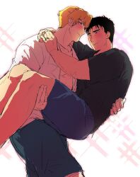 Rule 34 | 2boys, ao isami, black hair, blonde hair, blush, carrying, couple, eye contact, facial hair, highres, lewis smith, looking at another, male focus, multiple boys, official alternate costume, princess carry, shorts, sideburns stubble, smile, sparkle background, stubble, suekawadoni, thick eyebrows, unfinished, walking, yaoi, yuuki bakuhatsu bang bravern
