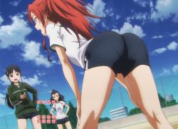 Rule 34 | 10s, 3girls, ass, bent over, bike shorts, chigusa asuha, cloud, hair ornament, hand on own knee, highres, kanji, leaning forward, long hair, looking at viewer, multiple girls, open mouth, ponytail, qualidea code, red hair, school uniform, screencap, shorts, sky, standing, teeth, thighs, tongue, wide ponytail