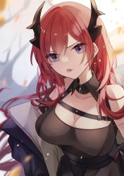 Rule 34 | 1girl, :p, arknights, bare shoulders, black collar, black dress, black jacket, breasts, cleavage, collar, collarbone, demon horns, detached collar, dress, highres, horns, jacket, large breasts, long hair, looking at viewer, off shoulder, open clothes, open jacket, purple eyes, red hair, saiko (saisaka), solo, surtr (arknights), tongue, tongue out, upper body, v-shaped eyebrows