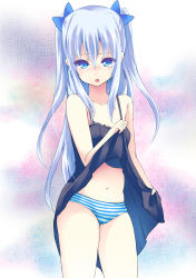 Rule 34 | blue eyes, blue hair, clothes lift, dress, dress lift, gucchiann, highres, long hair, navel, original, panties, ribbon, solo, striped clothes, striped panties, twintails, two side up, underwear